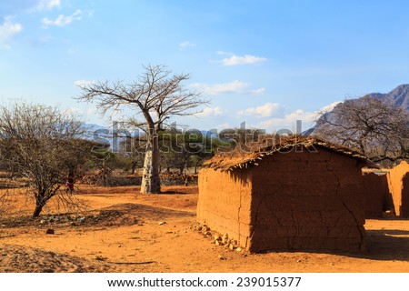 House surrounded by baobab trees in Africa, Tanzania
