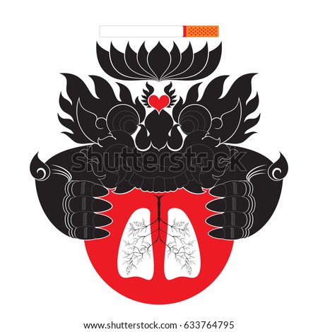 Swirl Tribal Devil ( Monster, Giant ), Human Lung, Heart and Tobacco (Cigarette), concept : No Smoking Day, Tobacco Effects Human Health. Southeast Asia art style