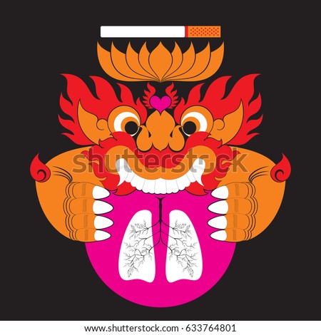 Swirl Tribal Devil ( Monster, Giant ), Human Lung, Heart and Tobacco (Cigarette), concept : No Smoking Day, Tobacco Effects Human Health. Southeast Asia art style