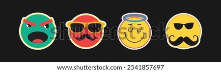 Expressive Emoji Sticker Vector Set with Angry Face, Cool Mustache, Halo Smile, and Sunglasses Perfect for Fun Digital Communication

