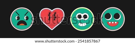 Quirky Emoji Sticker Vector Set with Angry Face, Smiling Heart, Goofy Eyes, and Funny Grin Ideal for Unique Digital Expressions

