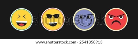 Fun Emoji Sticker Vector Set with Laughing, Cool Sunglasses, Nerd Glasses, and Angry Expressions Perfect for Digital Messaging and Reactions

