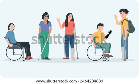 a group of disabled people to each their disability, vector flat art