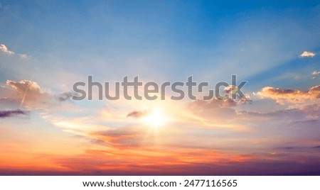 Similar – Image, Stock Photo Beautiful sunset on the lake with distant silhouette of mountains and sun setting above water. Orange and red color sunset in the natural park horizontal banner.