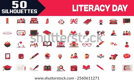 International Literacy Day Editable Stroke Outline Silhouette Set, 8th September Literacy Day Vector Illustration, World Literacy Day Editable Web Design Set, Education Awareness Graphics