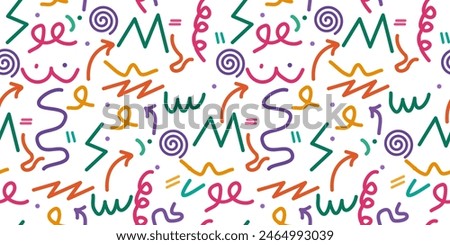 Fun Doodle sketch style of colorful shapes and lines on white background. colorful line doodle seamless pattern