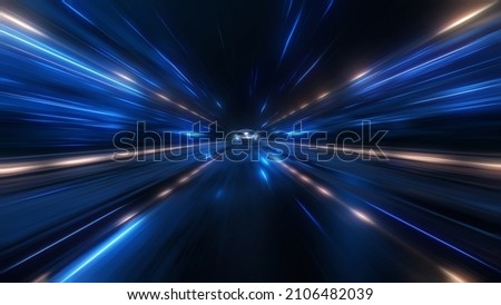 Speeding Sports Car On Neon Highway. Powerful acceleration of a supercar on a night track with colorful lights and trails. 3d render Foto d'archivio © 