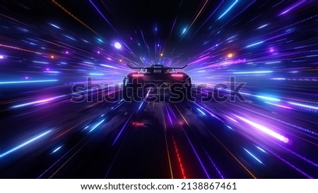 Speeding Sports Car On Neon Highway. Powerful acceleration of a supercar on a night track with colorful lights and trails. 3d render Foto d'archivio © 