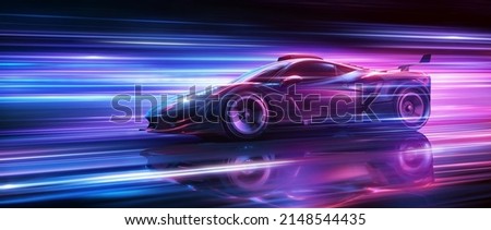Futuristic Sports Car On Neon Highway. Powerful acceleration of a supercar on a night track with colorful lights and trails. 3d illustration Foto d'archivio © 
