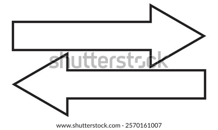 Horizontal dual long straight arrow signs. Red, black  pointer, direction, position symbol and double arrow icon