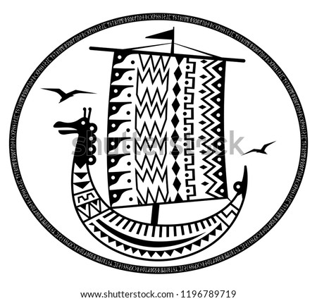 Ancient Scandinavian image of a Viking ship decorated with an ancient pattern with a dragon head, Old Norse runes and the inscription Thule the legendary island, isolated on white, vector illustration