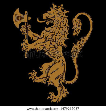 A medieval heraldic coat of arms, heraldic lion, heraldic lion silhouette, crowned lion holding an axe in its front paws, isolated on black, vector illustration