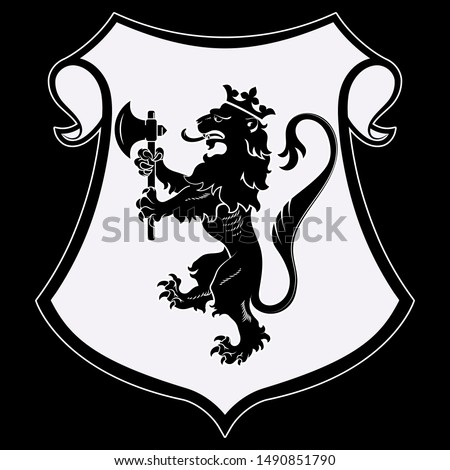 A medieval heraldic coat of arms, heraldic lion, heraldic lion silhouette, isolated on white, vector illustration