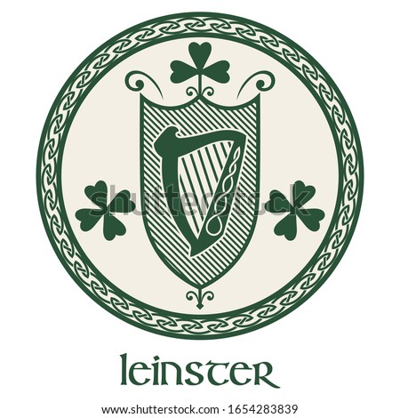 Irish Celtic design in vintage, retro style. Irish design with coat of arms of the province of Leinster, isolated on white, vector illustration