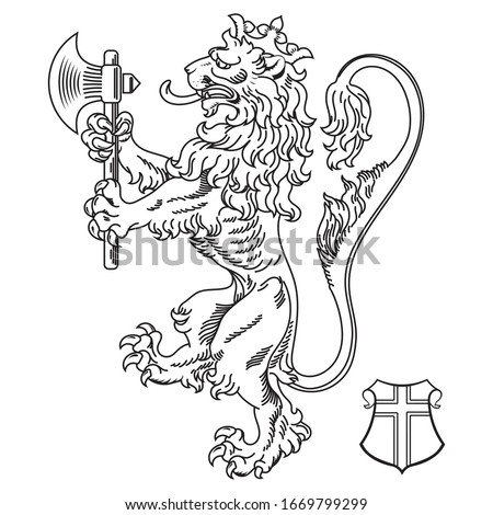 A medieval heraldic coat of arms, heraldic lion, heraldic lion silhouette, crowned lion holding an axe in its front paws, isolated on white, vector illustration