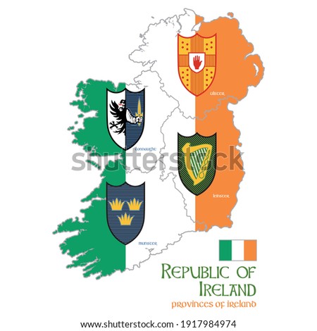 Irish Celtic design in vintage, retro style. Ireland map with provinces Connacht, Leinster, Munster and Ulster, isolated on white, vector illustration