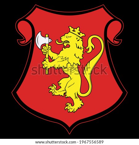Vintage heraldic Royal Lion with a axe and heraldic shield. Coat of arms, heraldry, emblem, symbol, isolated on black, vector illustration