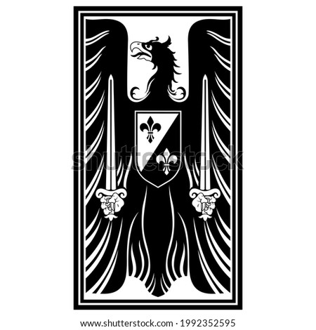 Knightly design. Medieval heraldic emblem design, heraldic eagle, and knights shield, isolated on white, vector illustration