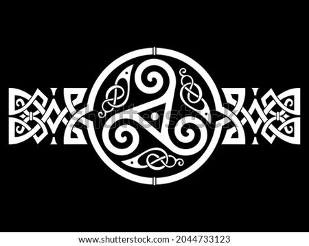 Scandinavian Viking design. Round Celtic Design, triskele and celtic pattern, isolated on black, vector illustration