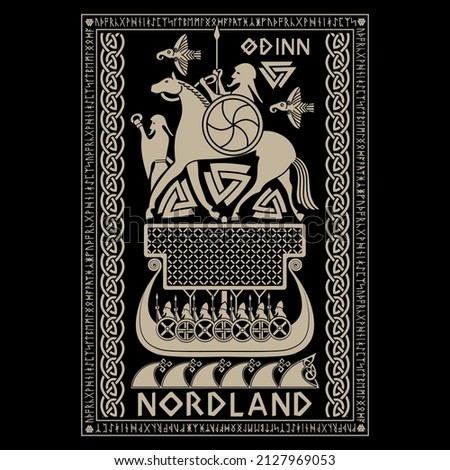 Scandinavian Viking design, God Odin on a war horse, Viking Ship Drakkar and Old Norse ornament with runes, isolated on black, vector illustration Imagine de stoc © 