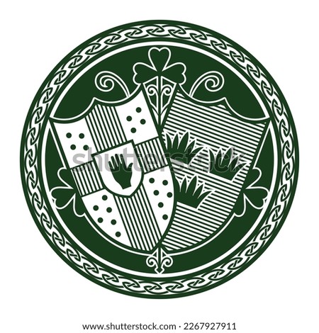 Irish Celtic design in vintage, retro style. Irish design with coat of arms of the provinces Munster and Ulster, isolated on white, vector illustration