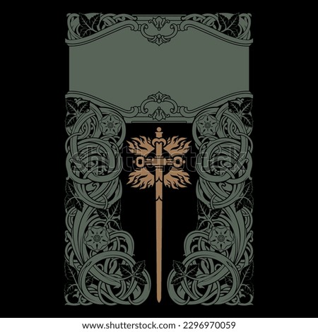 Design in a medieval knightly style. Knightly sword in a frame of curly stems, leaves and rose flowers, isolated on black, vector illustration