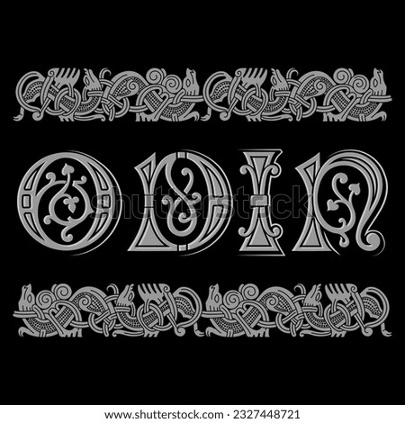 Viking design. The name of the Supreme Deity of ancient Scandinavia Odin, painted in a vintage retro style and Old Norse pattern, isolated on black, vector illustration