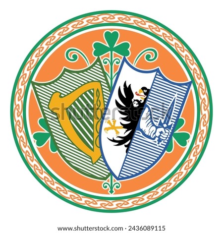 Irish Celtic design in vintage, retro style. Irish design with coat of arms of the provinces Connacht and Leinster, isolated on white, vector illustration