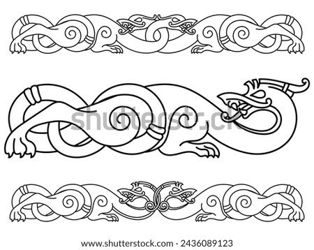 Viking Scandinavian design. Ancient decorative mythical animal in Celtic, Scandinavian style, knot-work illustration, isolated on black, vector illustration