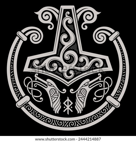 Scandinavian Viking design. Thors Hammer and the Scandinavian ornament, isolated on black, vector illustration