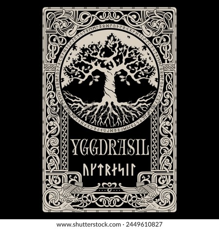 Viking design. World Tree from Scandinavian mythology - Yggdrasil and Celtic pattern, frame. Drawn in Old Norse Celtic style, isolated on black, vector illustration