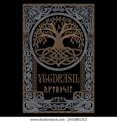 Viking design. World Tree from Scandinavian mythology - Yggdrasil and Celtic pattern, frame. Drawn in Old Norse Celtic style, isolated on black, vector illustration