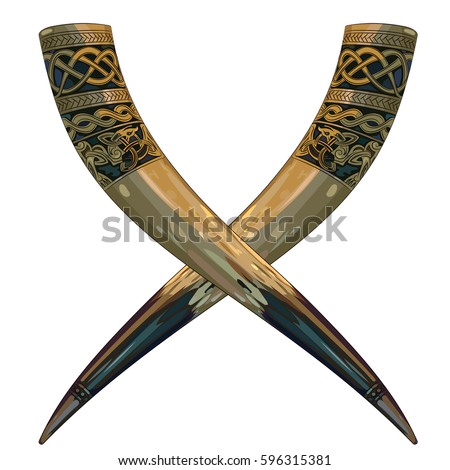 Drinking horn Viking decorated with Scandinavian ornaments, isolated on white, vector illustration