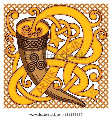 Celtic, Scandinavian design. Drinking horn with mead and woven pattern, isolated on white, vector illustration