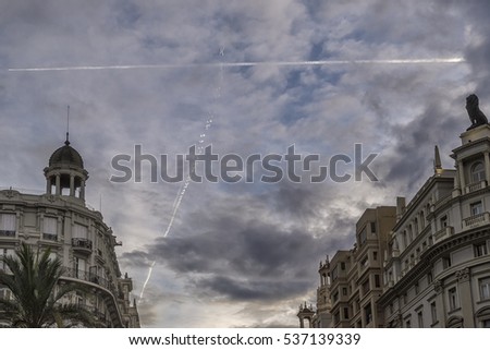 Similar – Image, Stock Photo Shadow play with contrails in the sky