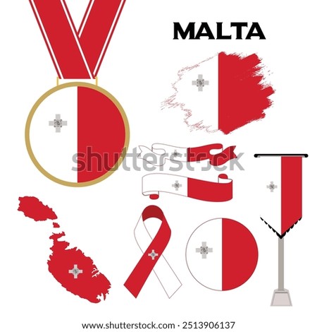 This vector features a collection of Maltese national symbols, including the flag in various forms, a map, and a medal. It's perfect for educational materials, patriotic displays, or promoting Malta.