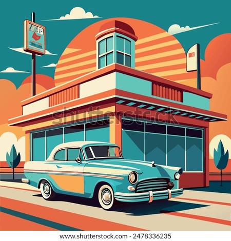 A vintage car parked in front of a retro diner