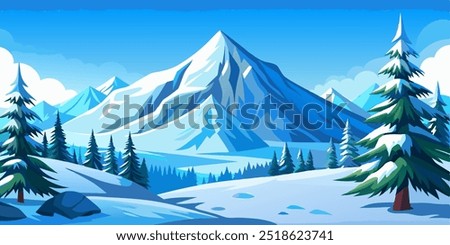 A stunning winter landscape with snow-capped mountains and a serene forest. Perfect for creating a tranquil and peaceful atmosphere in your designs, this image evokes the beauty of winter.