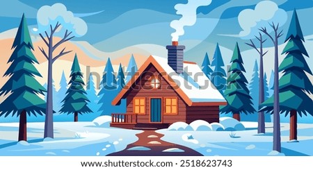 A charming winter cabin nestled in a snowy forest, with tall pine trees and a path leading to the cozy wooden door. Perfect for creating a warm and inviting atmosphere in your designs.