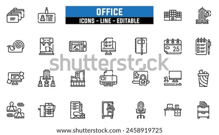 25 office icons set, vector line, editable stroke.