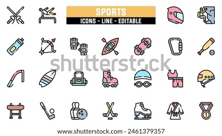 25 sport icons set, vector line, editable stroke.