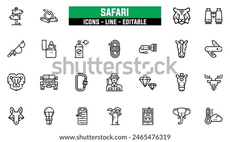 25 safari icons set, vector line, editable stroke.