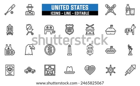 25 united states icons set, vector line, editable stroke.