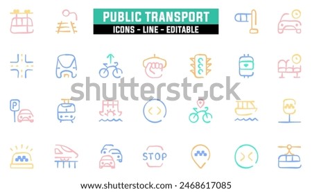 25 public transport icons set, vector line, editable stroke.