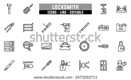 25 locksmith icons set, vector line, editable stroke.