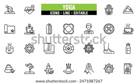 25 yoga icons set, vector line, editable stroke.