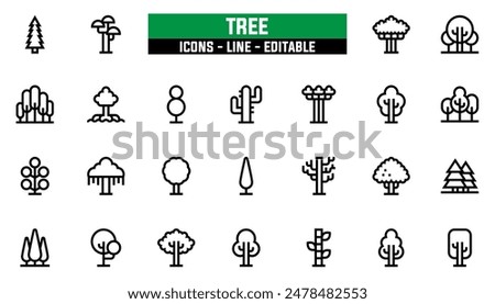 25 tree icons set, vector line, editable stroke.