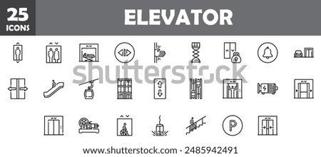 25 elevator icons set, vector line, editable stroke.