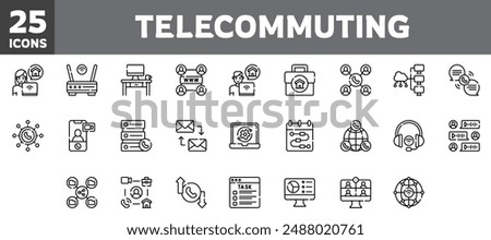 25 telecommuting icons set, vector line, editable stroke.