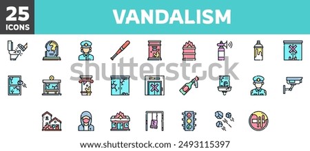 25 vandalism icons set, vector line, editable stroke.